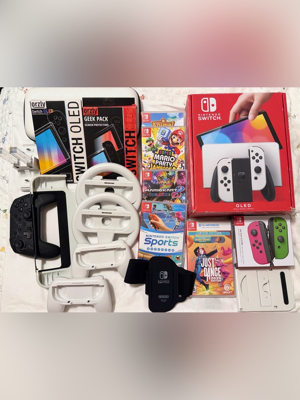 Nintendo Switch White OLED Console Bundle with White Wheel Controllers and Games